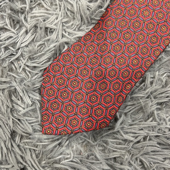 • Hermes • Authentic Mens Silk Red Blue Gold Printed Tie - Picture 2 of 3